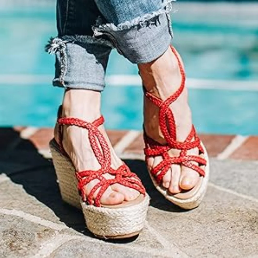 Vintage Foundry Espadrill Sandals Womens Size 10 Red Ankle Straps Wedge Sandals